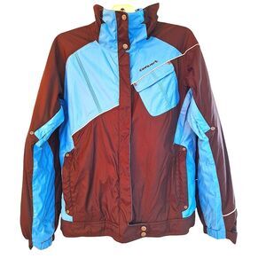 Columbia Women’s Convert Boardwear Snowboard Ski Jacket Brown Blue Snap Hood Med